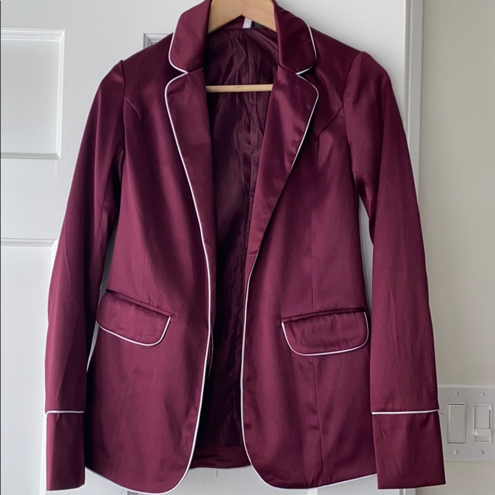 Burgundy Satin Blazer with white contrast pipping